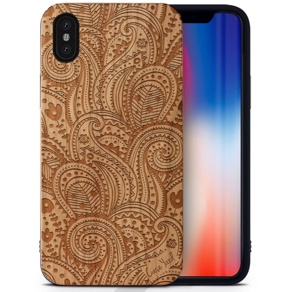 Case Yard Wooden Case Outside Soft TPU Silicone, Slim Fit Shockproof Wood Protective Phone Cover for Girls Boys Men and Women, Supports Wireless Charging Paisley Design case for iPhone-XS-Max
