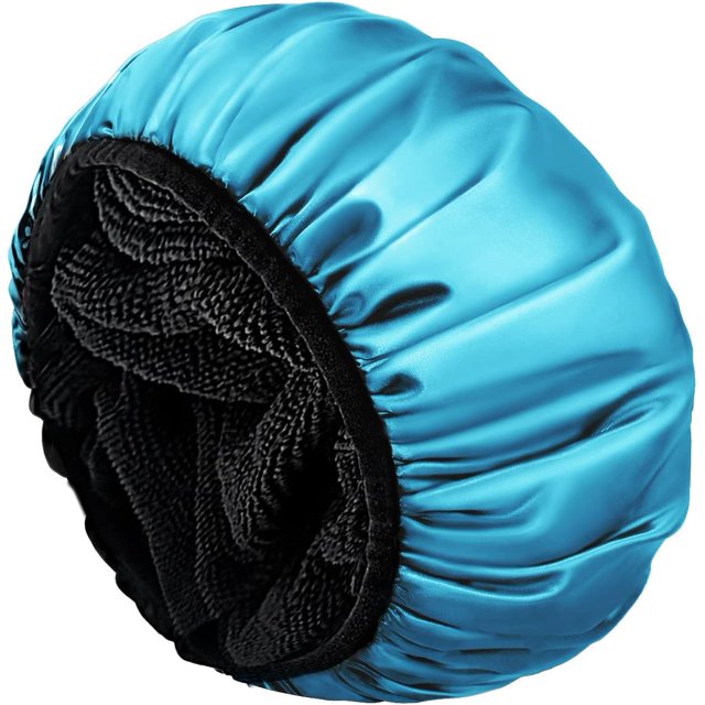 LAICAIW Shower Cap,Extra Large Triple Layer Bathing Cap with Dry Hair Function for Women Microfiber Terry Cloth Silky Satin 100% Waterproof Reusable Long Hair Bath Caps (Blue)