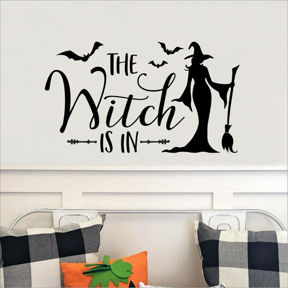 The Witch Is In (cursive) with Bats and Witch with Broom Halloween Decor Vinyl lettering Decal Wall Decals - Size: 16.5"H x 29"L - Color: Black