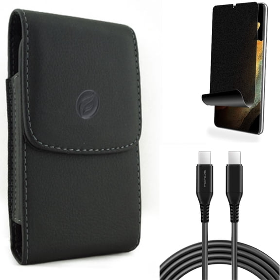 10ft Long USB-C Cable & Case Belt Clip & Privacy Screen Protector for Samsung Galaxy S21 Ultra Phone - PD Fast Charger Cord Power & Leather Holster & TPU Film Fingerprint Works Accessory Bundle
