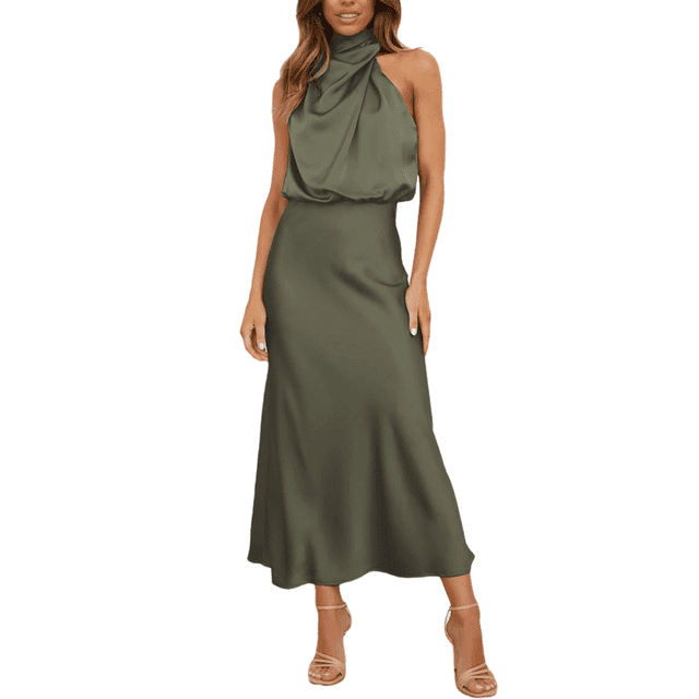 Elegante vestido de noche de satén con cuello halter sin mangas para boda de verano para mujer (M)
