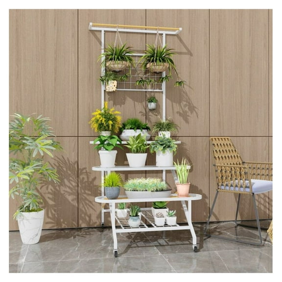 4-Tier Plant Stand with Hanging Bar, Metal Indoor Outdoor Flower Rack, Rolling Plant Shelves for Potted Plants, Garden Tools & Shoes - Ladder Design