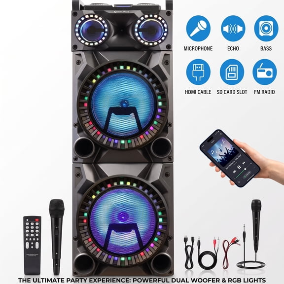 Lohoms Dual 12" Portable Party Speaker with Wired Microphone, 18500 Watts Peak Power PA System, Extra Bass, LED Disco Lights, TWS, FM Radio & Rolling Wheels - Professional Series