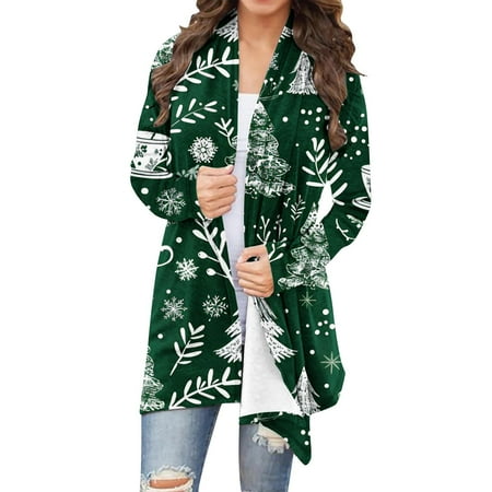 Women s Christmas Cardigan Sweater Long Sleeve Lightweight Casual Plaid Knit Open Front Holiday Top Xmas Tree