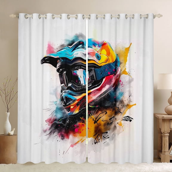 Feelyou Cartoon Motorcycle Curtains Pack of 2 (42x84 Each) for Kids, White Orange Watercolor Curtains Blackout, Modern Sport Lover Bedroom Curtains, Curtains and Drapes Room Decor