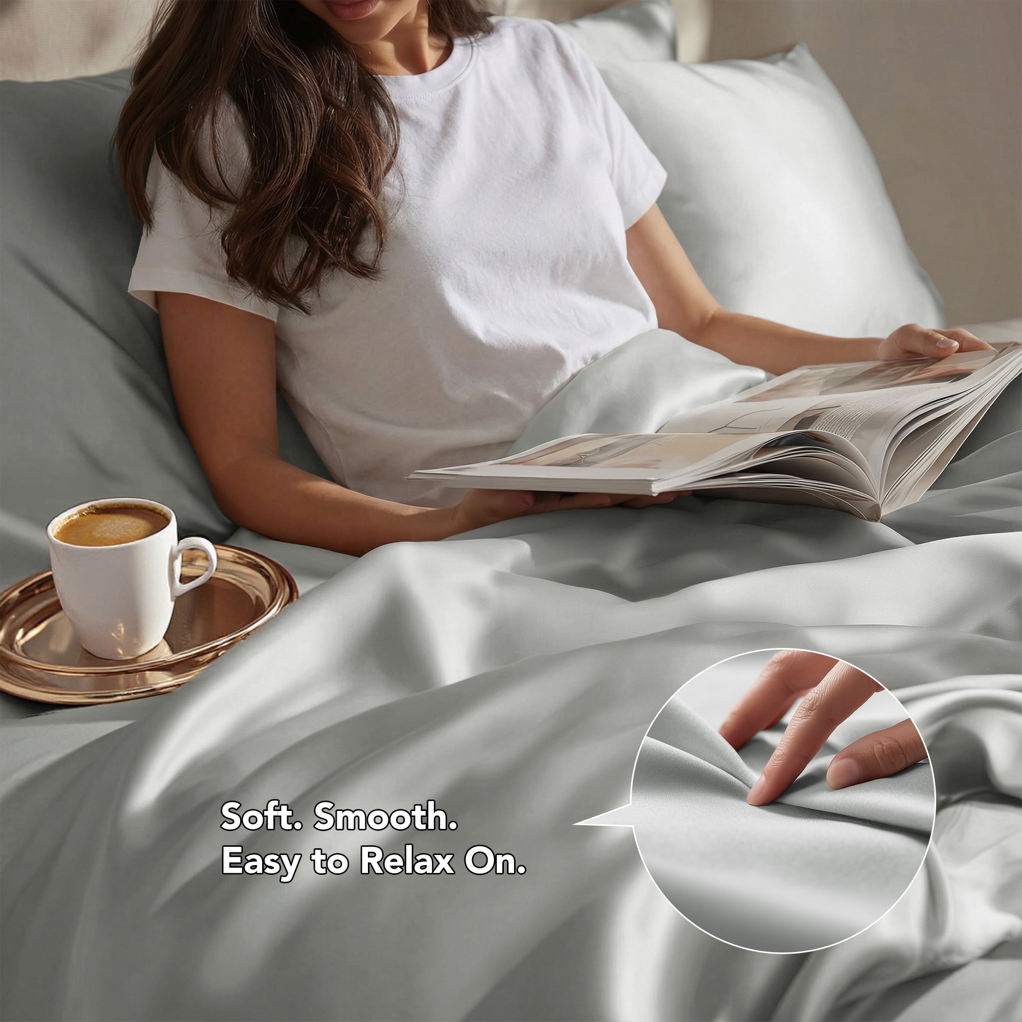 Deconovo Silky Soft Bamboo Satin Duvet Cover - Eco-Friendly Luxury Bedding Set for Home, Light Grey, 90"x90"