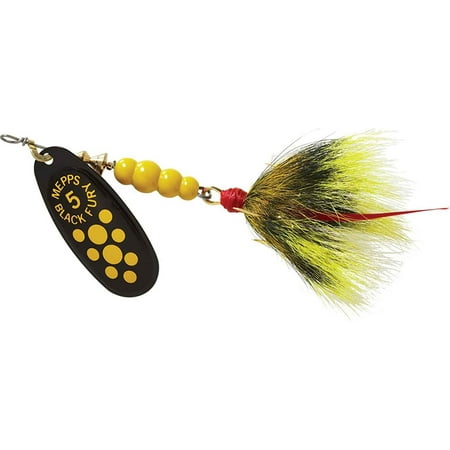 UPC: 0022141324104 | Mepps Black Fury Dressed Treble Spinner Yellow Dot Yel/Gry Tail 5 1/2 Oz