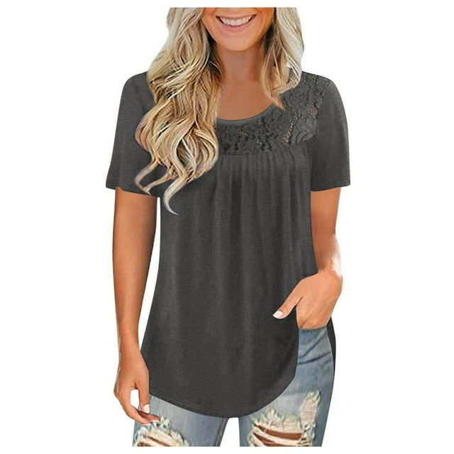 Femmes Mode Dentelle Solide Épissage Col Rond Manches Courtes T-Shirt Blouse Tops T-Shirt pour Femmes