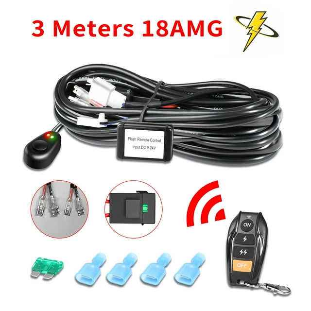 LED Light Bar Wiring Harness Kit, 2 Leads Wireless Remote Control Wiring Harness Kit 18AWG Core Cable Wiring Harness Kit for Car Fog Lights Work Driving Lights Bar Fit 2 Lights (3 Meters)