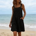 thumbnail image 5 of Women's Linen Romper Dress with Pockets Button Strap Loose Casual Sleeveless Short Bibs Jumper Dress (XL, Black), 5 of 7