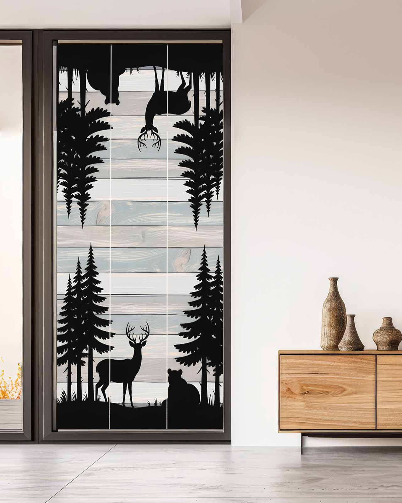 Window Privacy Film Forest Bear Stained Glass Window Film Decorative Sun Block Window Cover Silhouette Elk Stripes Tree Wood Grain Window Clings Static Adhesive Sticker for Bathroom 35.4"x78.7"