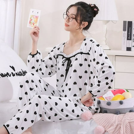 

PIKADINGNIS Womens Pajamas Polyester Pajamas for Girls Female Nightwear Sleepwear Print Women Pajamas 2 Pieces Set Home Suit for Women