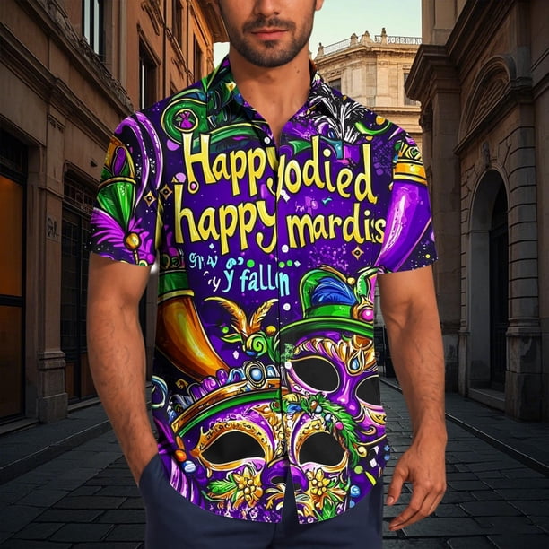 TaTaai ashion Men's Mardi Gras Turndown Collar Shirt, Printed Short-Sleeve Casual Button Top, Soft Fabric for Summer Casual Daily Outdoor Occasions Gift