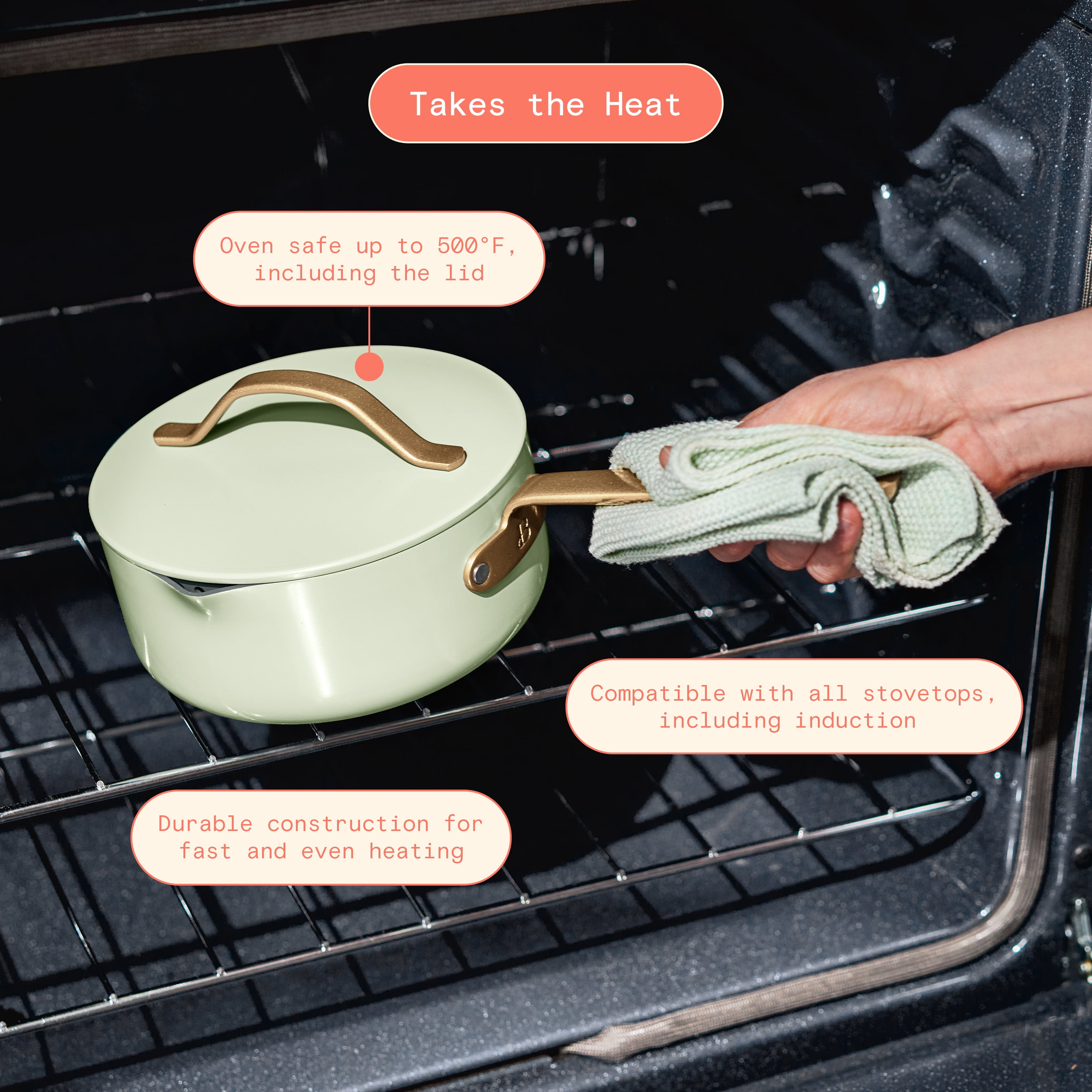 Beautiful 3 Quart Ceramic Non-Stick Covered Sauce Pan with Strainer Lid, Sage Green by Drew Barrymore