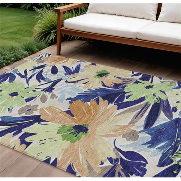 HomeRoots 610989 8 x 10 ft. Navy Blue & Beige Floral Washable Indoor & Outdoor Rectangle Area Rug