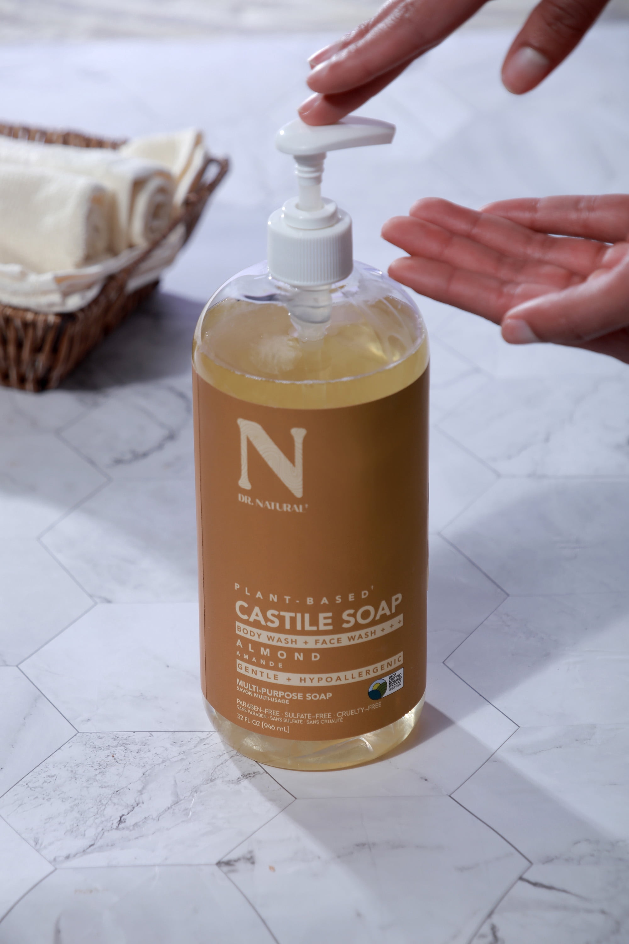 Dr. Natural Castile Liquid Soap, Bathroom Soap, Almond, 32 oz, 2 pk