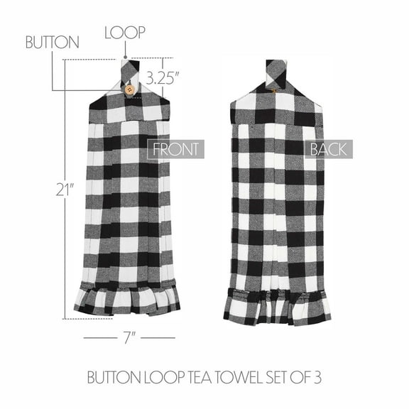 VHC Brands Cotton Annie Buffalo Check Black Button Loop Kitchen Towel Set of 3, Hanging Kitchen Towel, Pleated, Bath, Kitchen, Annie Buffalo Check Collection, Rectangle 21x7, Country Black
