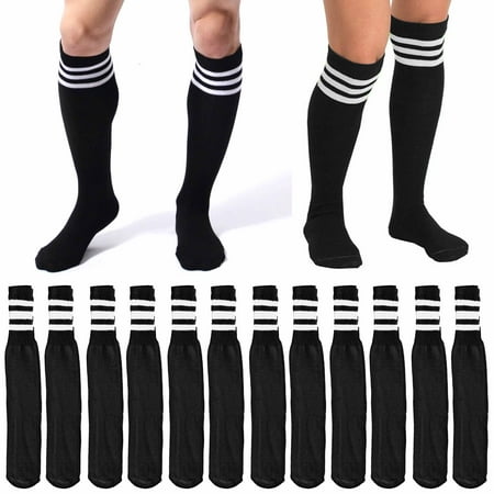

12 Pairs Black Athletic Knee High Tube Socks 3 White Stripes Classic 24 10-15