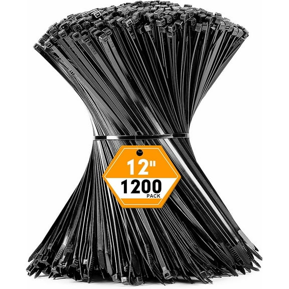 1200 count Black  Zip Ties 12 Inch,   Nylon Tie Wraps with 50lb Tensile Strength for Indoor & Outdoor