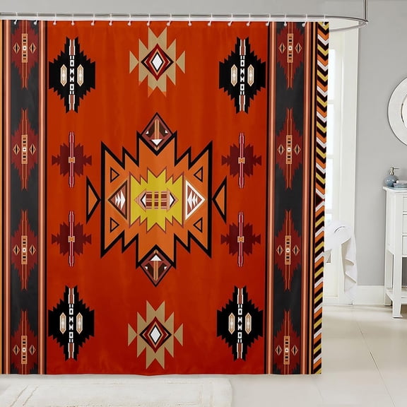 Bohemian Rust Orange Aztec Geometric Shower Curtain Waterproof Fabric Bath Curtain with Hooks for Bathroom 71x71 inches