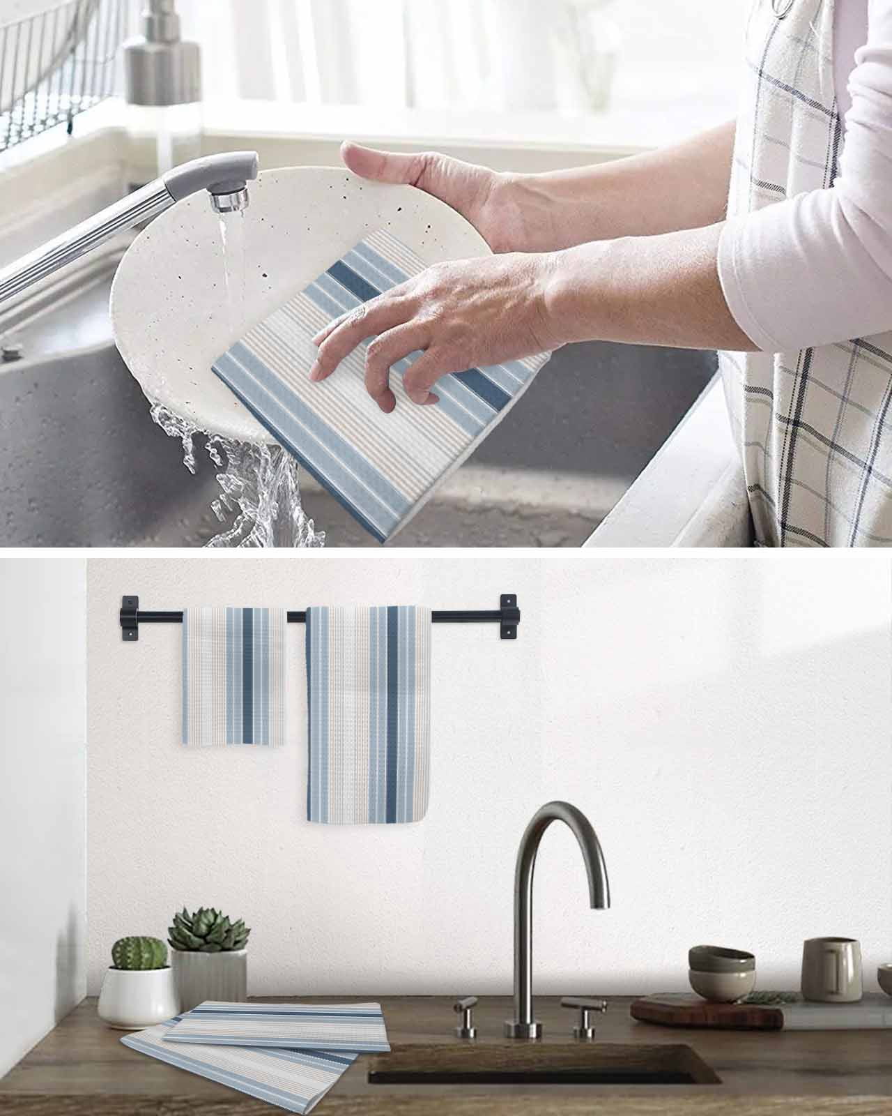 Grey Blue Vertical Stripes Kitchen Dish Towels for Drying Dishes Set of 4, Modern Minimalist Abstract Waffle Weave Microfiber Terry Hand Tea Bathroom Towels Quick Dry & Absorbent Towel 12x12