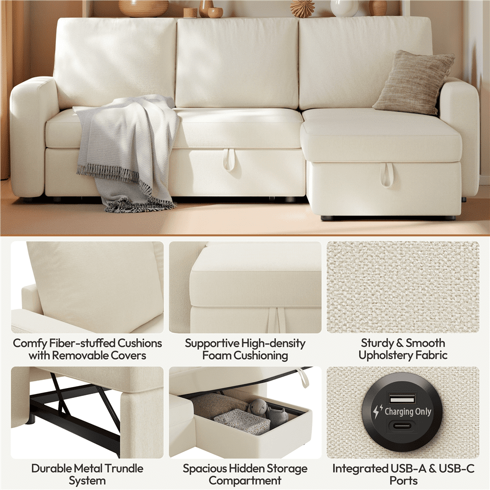Alden Design Convertible Sectional Sofa with Storage Compartment & USB Ports, Beige