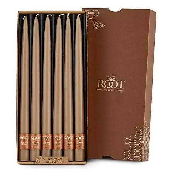 ROOT Candles Unscented Dipped Taper Candles, 12-inch Tall, Box of 12, Color: Taupe