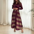 thumbnail image 3 of Lady Commuting Dress Turn-down Collar A-line Striped Print Big Swing Long Sleeves Lace-up Tie Waist Formal Business Style Office Maxi Dress, 3 of 8