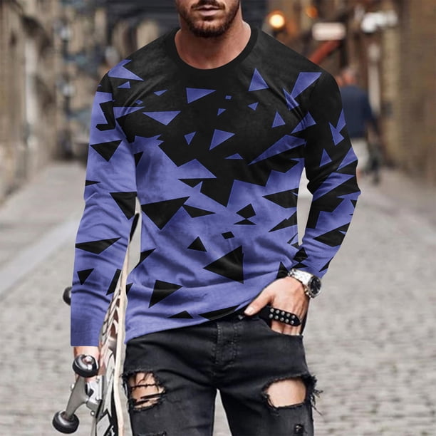 Blusas y camisas de manga larga con cuello redondo para hombre, blusa informal de manga larga con cuello redondo y estampado de rayas, blusa de poliéster para hombre