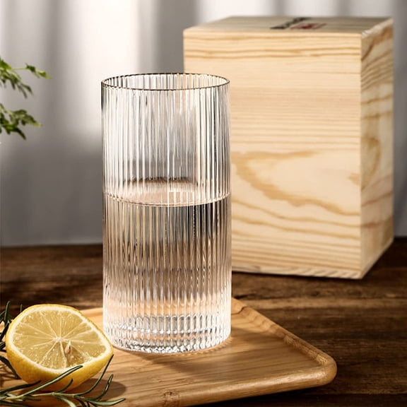12.5oz Large Glass Cups Set of 4, Vintage Style Ripple Drinking Glasses, Multi-Purpose for Cocktails, Juice, Iced Coffee, Ideal for Home or Parties