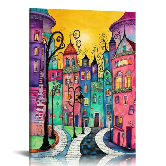 Hidden Frame Canvas Wall Art - Whimsical Fairy Tale Colorful Town Decor Dreamy Healing Popular Wall Decor for Kids' Room 16x24in