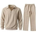 thumbnail image 4 of Yusimy Men's Solid Color 2-Piece Button-Down Hoodie Set Jacquard Loose Pullover Half-Zip Drawstring Pants Casual, 4 of 9