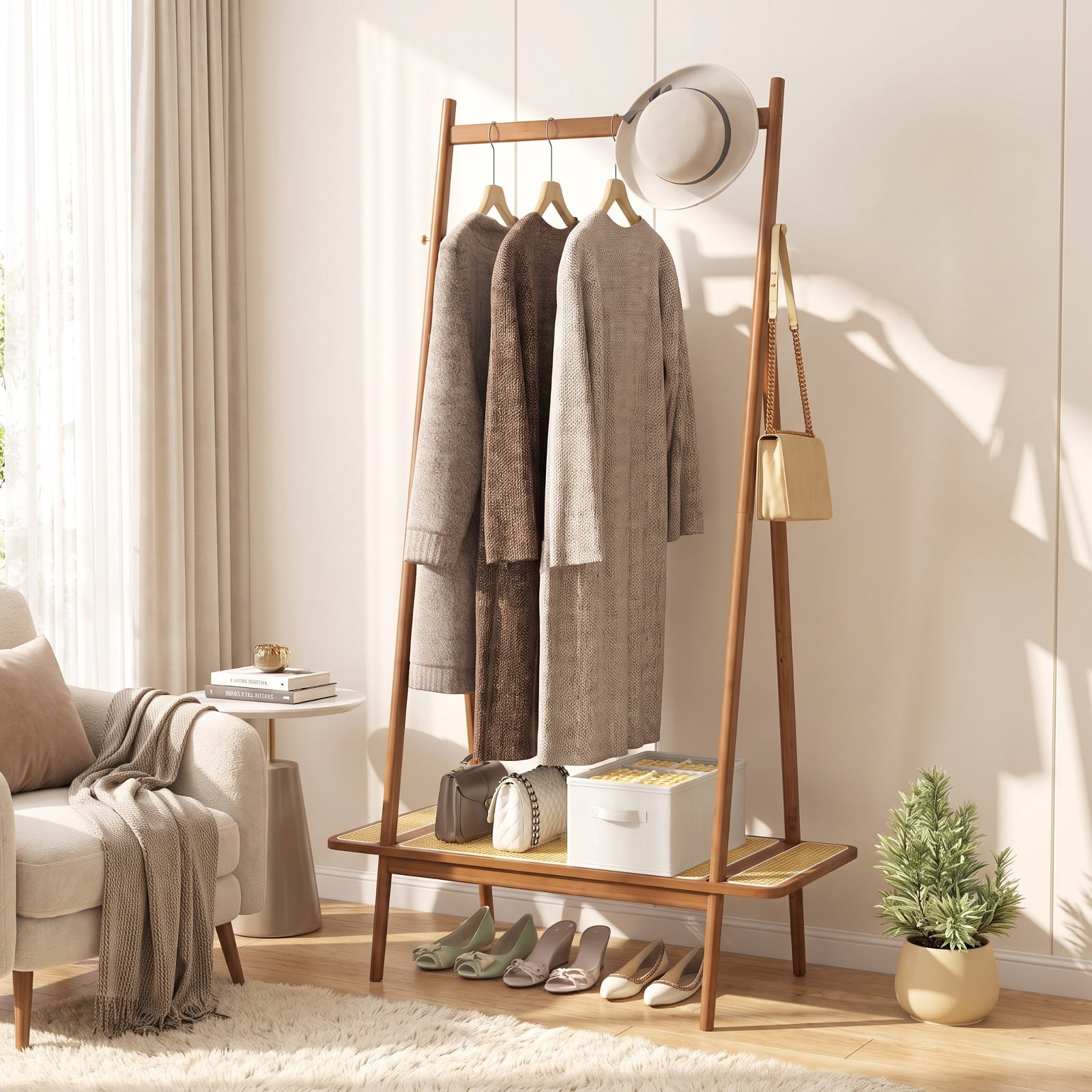 Furnibear Bamboo Clothes Rack with Hanging Rod Rattan Shelf and 5 Copper Hooks Freestanding Garment Rack for Bedroom and Entryway, Brown