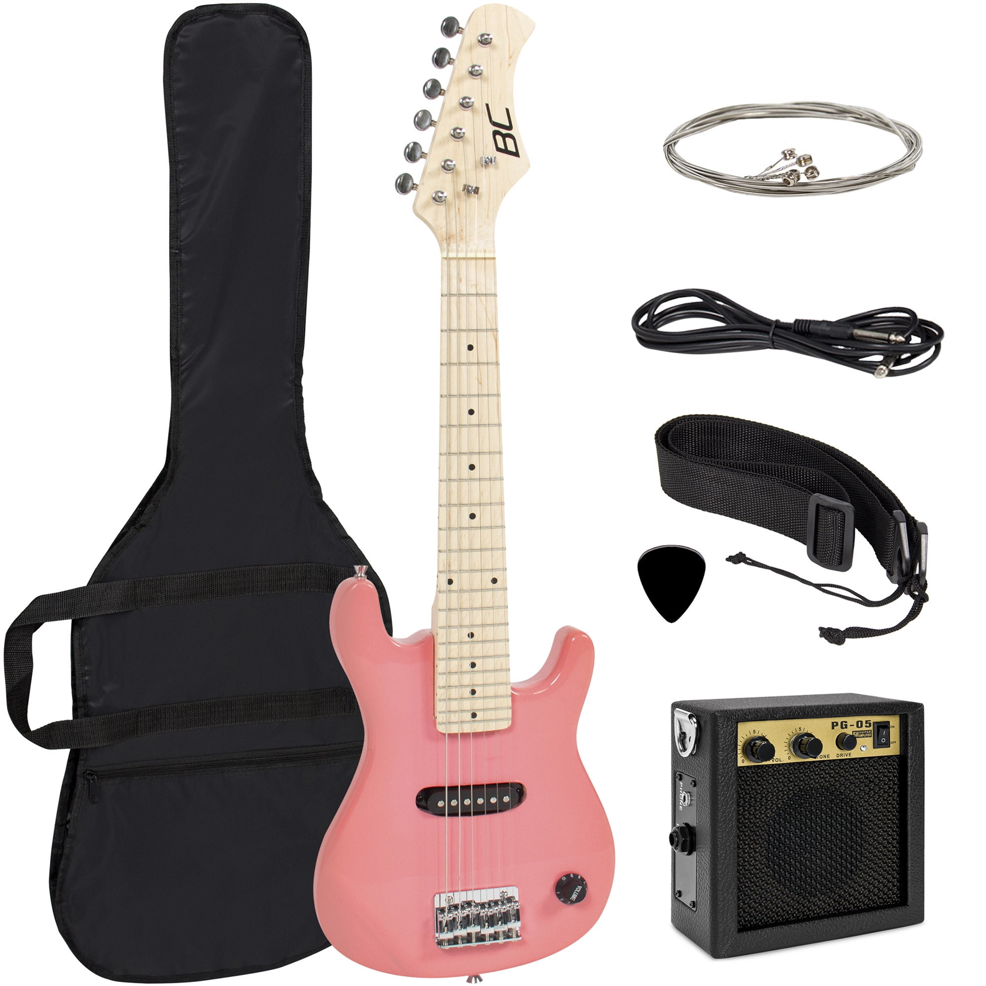 Raptor 3/4 Size 38 Inch Kids Junior 4 String Electric P Bass Combo Cable NATURAL with 5W Amp Gig Bag Pick Strap 
