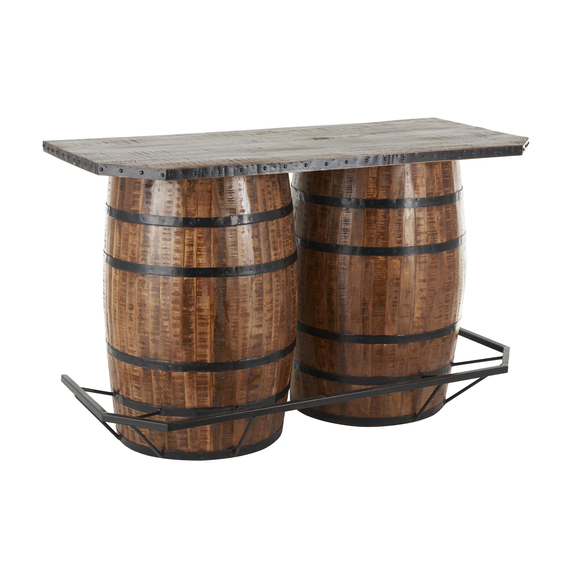 DecMode 63" x 40" Brown Mango Wood Kitchen Barrels Bar with Live Edge Tabletop and Black Metal Support, 1-Piece