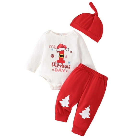 Jamsmile Newborn Girls Outfits Sets Christmas Long Sleeve Letter Prints Romper   Pants   Hat 3 Piece Girls Infant Outfits