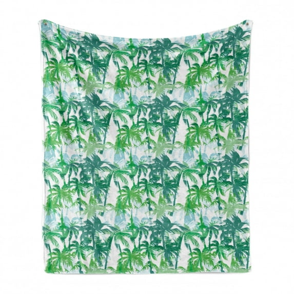 Palm Leaf Soft Flannel Fleece Throw Blanket, Exotic Fantasy Abstract Coconut Tree Silhouettes Green Jungle, Cozy Plush for Indoor and Outdoor Use, 50" x 60", Forest Green Lime Green, by Ambesonne