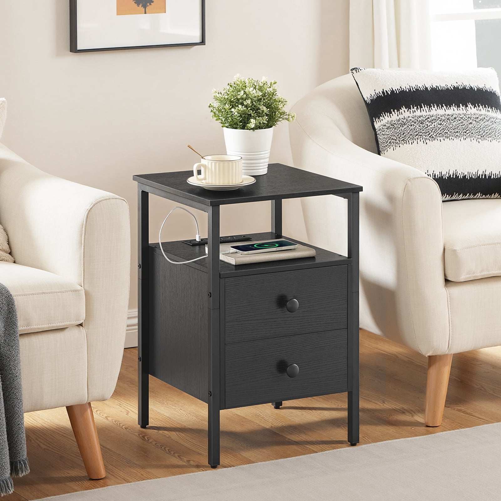 HOOBRO 24'' Tall 2 - Drawer Iron Nightstand with Storage and Built-In Outlets Black BB431BZ01G2