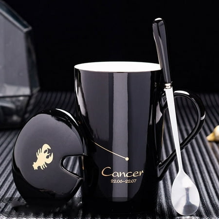 

Contellation Ceramic Mug with Lid Spoon Coffee Cup 12 Astrological Signs Black Unique Gift
