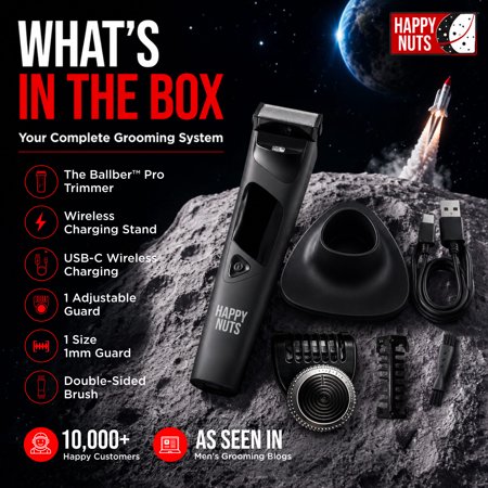 Happy Nuts The Ballber Pro, Groin & Body Hair Trimmer, Waterproof Rechargeable Electric Shaver for Men