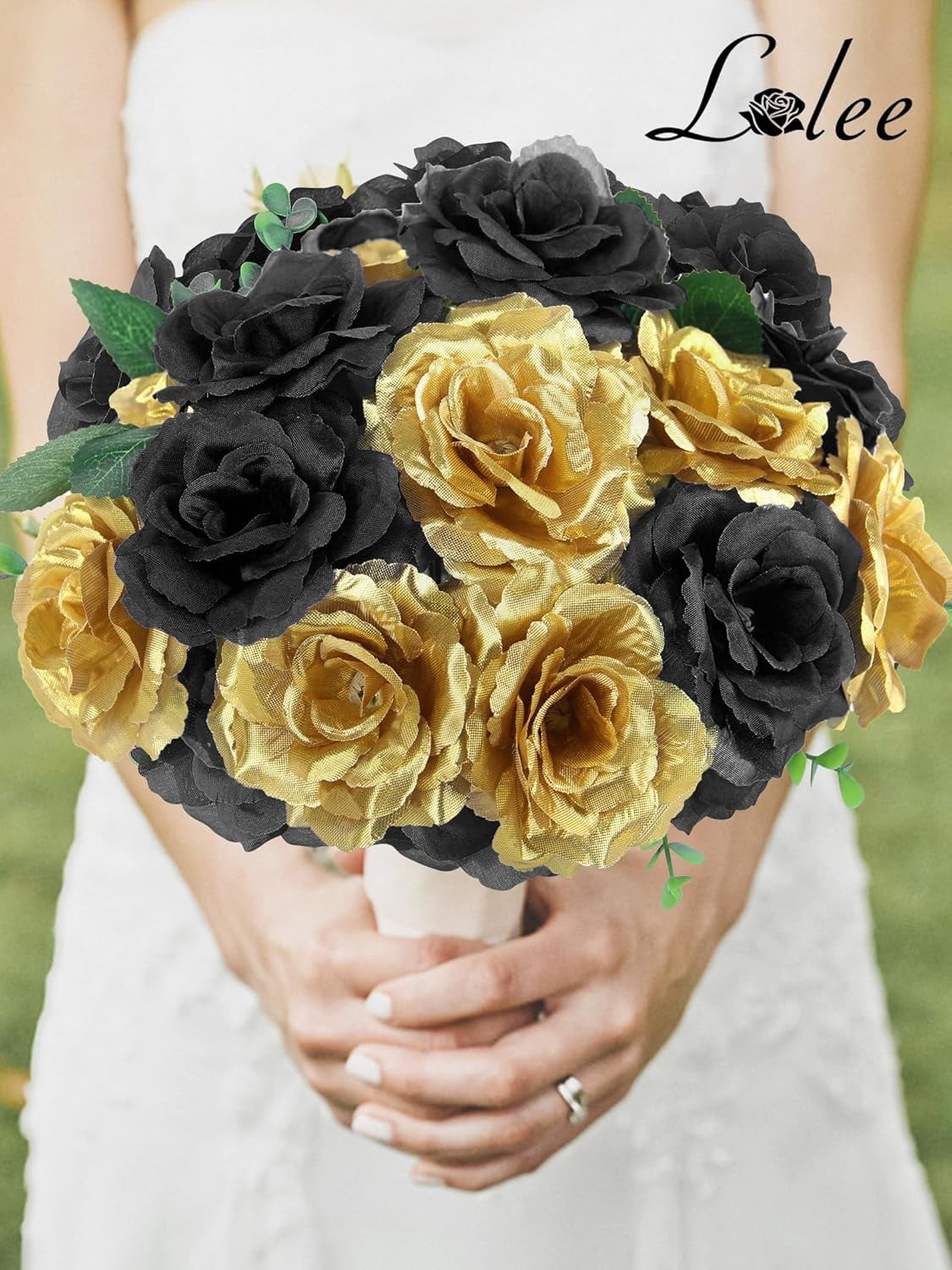 108pcs Roses Head Flowers with Stem - Black & Gold Graduation Artificial Flowers Rose Bulk - Silk Rose Fake Flower for Wedding Bouquet Decor DIY Baby Shower Centerpieces Grad Party Tables Decoration