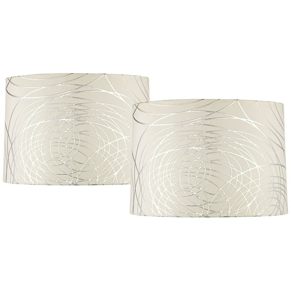 Springcrest Set of 2 Drum Lamp Shades Off-White Silver Circles Medium 15" Top x 16" Bottom x 11" High Spider with Harp and Finial