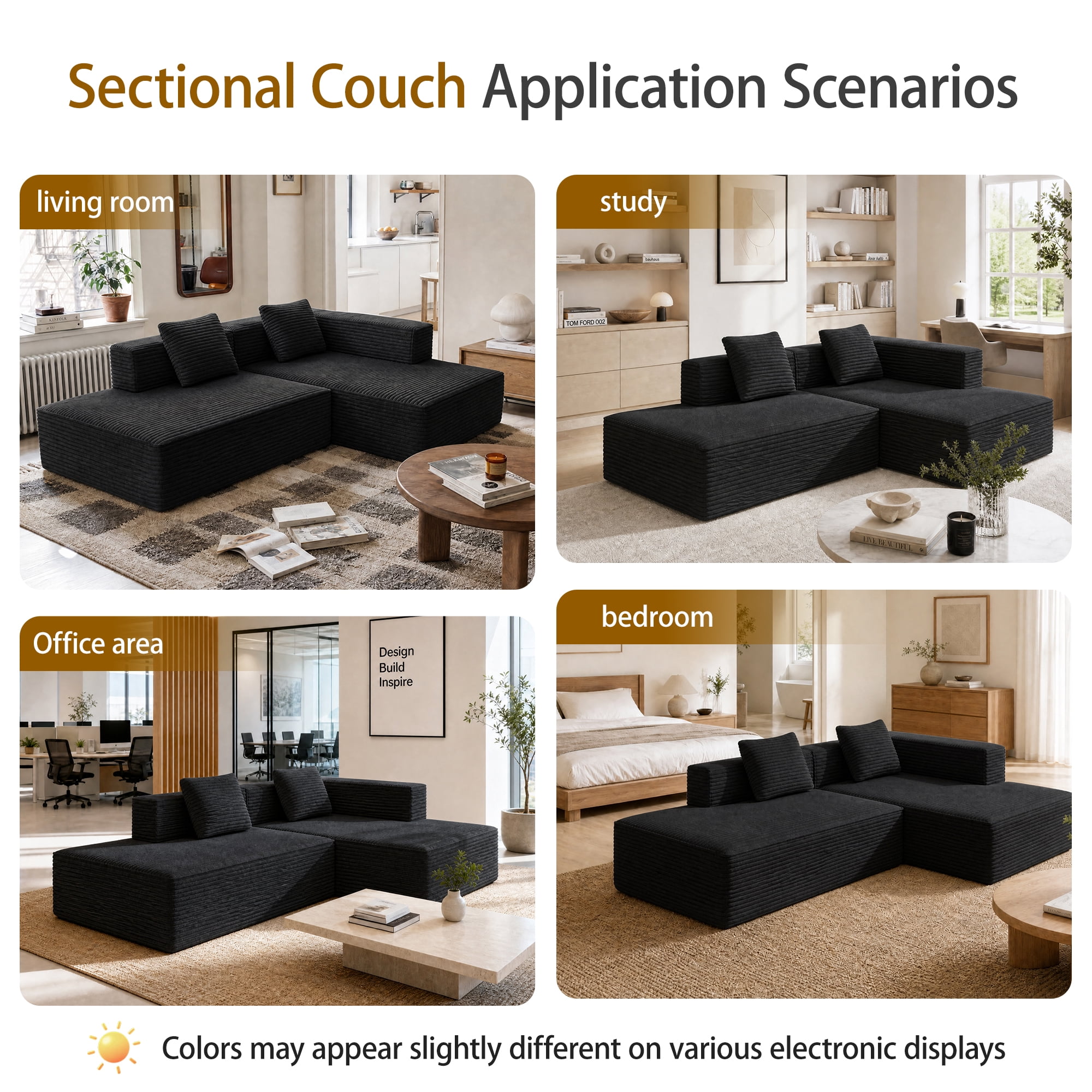 Meeyar 91" Boneless Modular Sectional Sofa with L Shaped Chaise, Cloud Couch for Living Room, Carbon Black