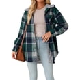 thumbnail image 2 of Women'S Flannel Hooded Plaid Shacket Thick Coat Winter Coat for Warmth Button Down Warm and Fuzzy Fleece Jacket Green XL, 2 of 9
