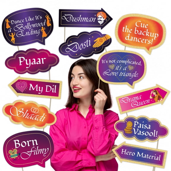 Bollywood Party Photo Booth Props – 12 Piece Shaadi Decorations for Indian Wedding Mehndi Sangeet Birthday Celebrations