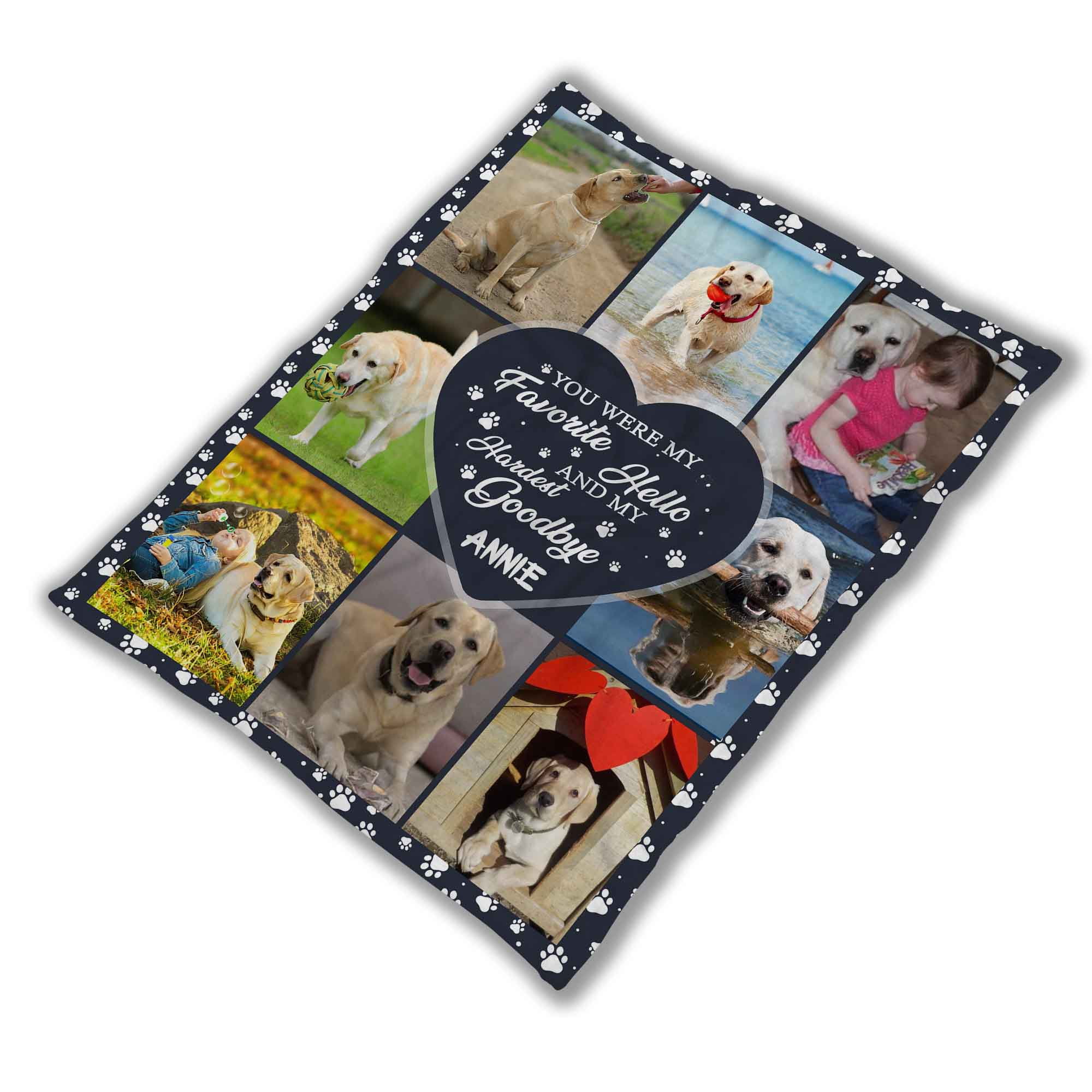 Customizaholic Pet Memorial Blanket – Personalized Dog Photo Collage with Name – Favorite Hello Hardest Goodbye Sympathy Remembrance Gift