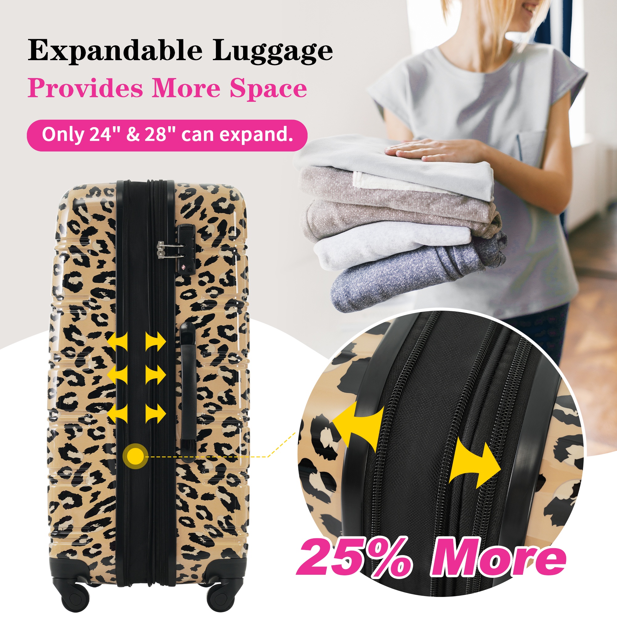 PAPROOS 3-Piece Luggage Set (20"/24"/28"), Hardshell Lightweight Suitcase with TSA-Lock and Spinner Wheels, Expandable Travel Luggage for School, Travel, Brown Leopard