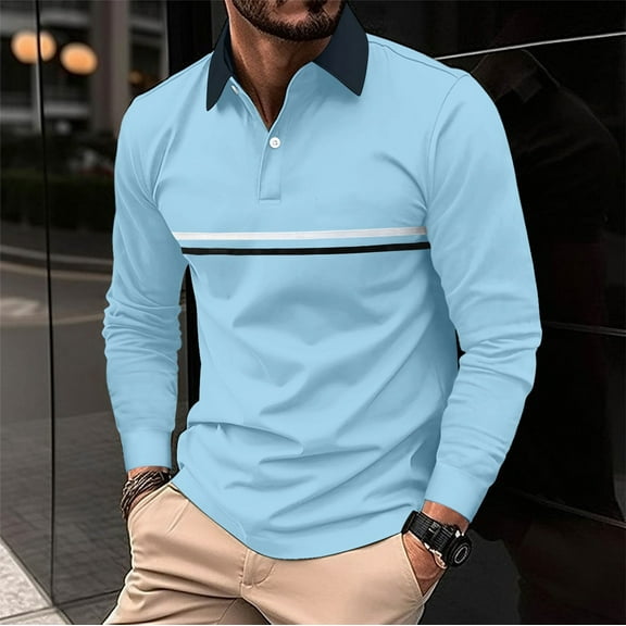 Rigardu Long Sleeve Shirts for Men Polo Shirts for Men Fashionable And Casual Men's Lapel Striped Colorful Long Sleeved Top Size:S-3XL
