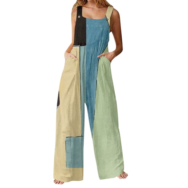 Gibobby pantalones siameses de pierna ancha Monos de mujer Verano Casual Suelto Sin mangas Patchwork Doble bolsillos Mono Estampado floral Boho Pierna ancha Babero en general(Azul, XL)