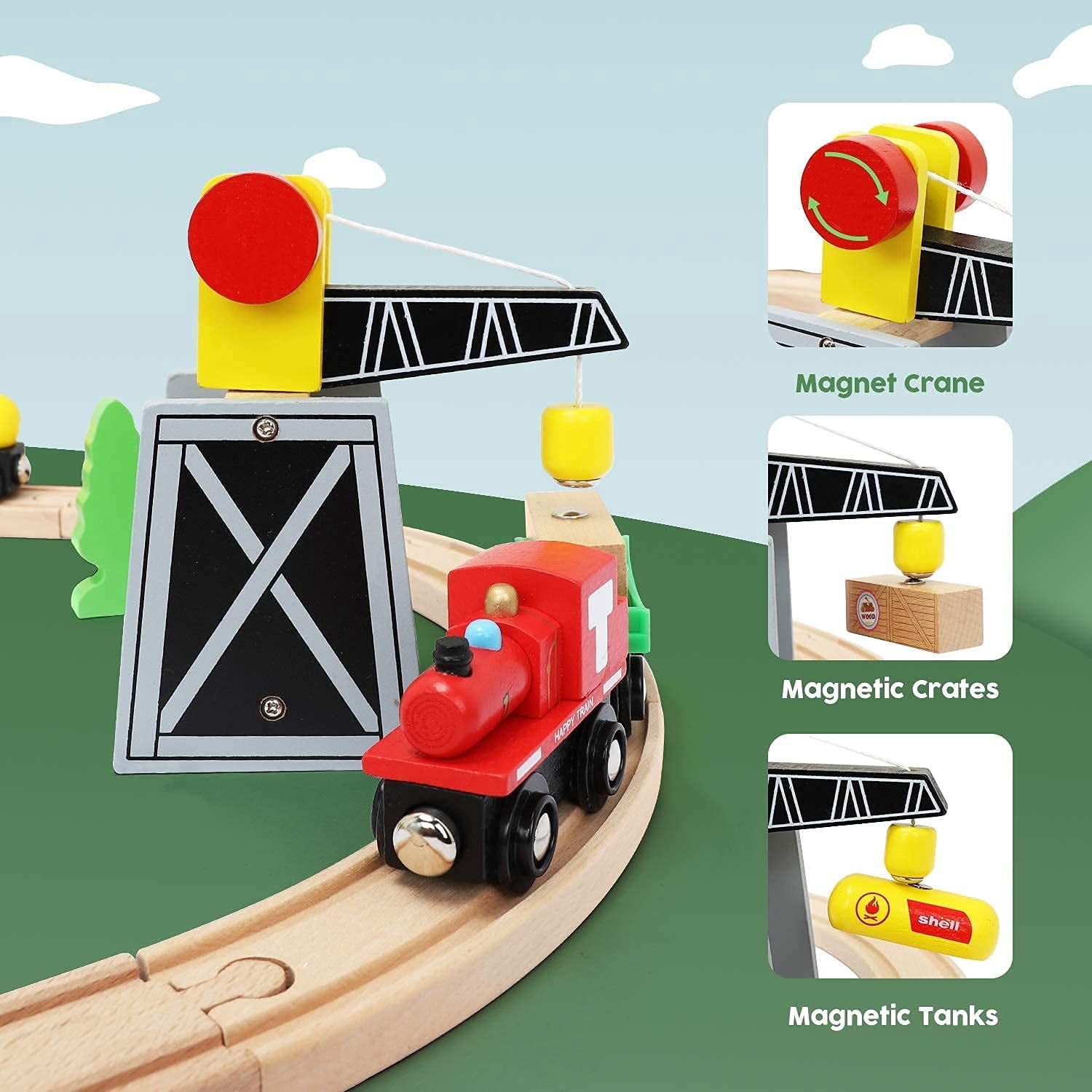 TOY Life Wooden Train Set 60pcs Toddler Boy Toys for 3 Year Old Boys - Wood Train Set with Crane Wood Train Tracks Toys Fits Thomas Brio Melisa Chugginton Gifts for Boys